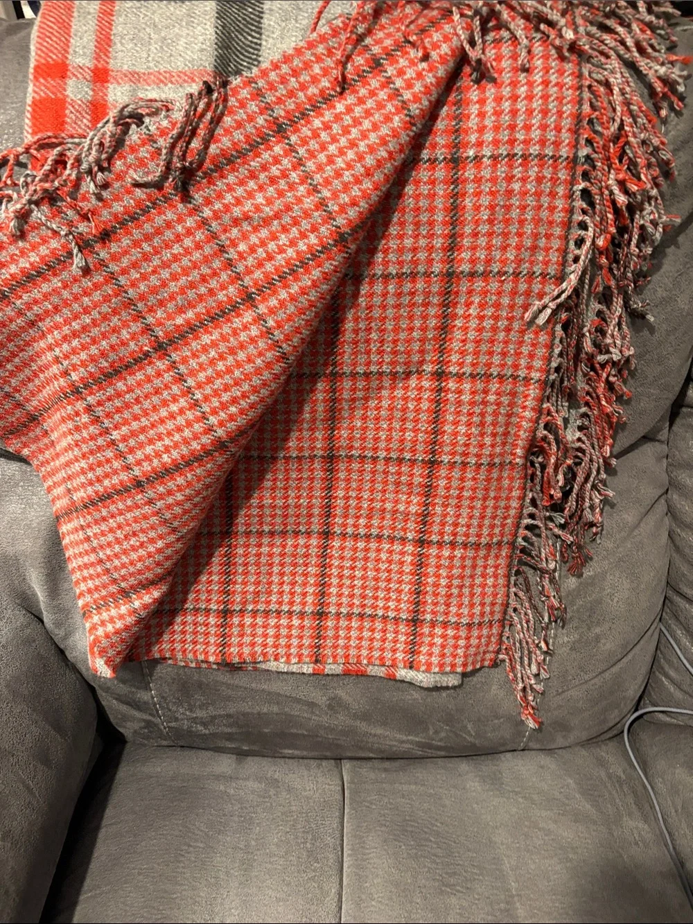 Pottery Barn Whitaker Gray and Red Plaid Reversible Throw